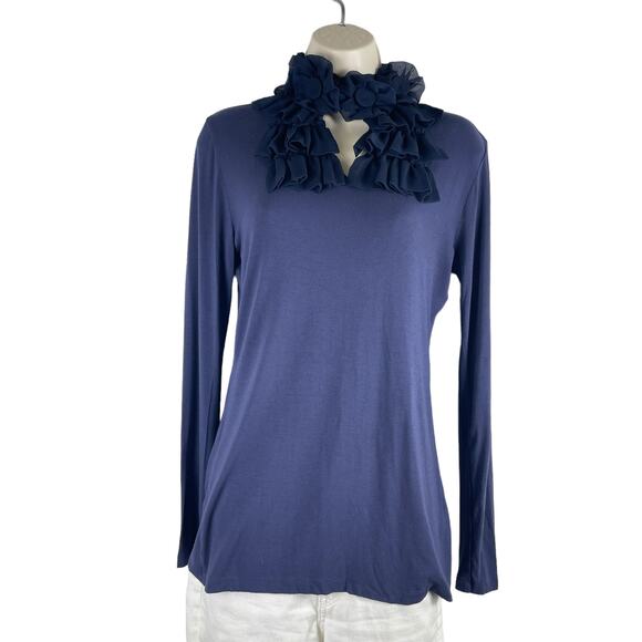 Soft Surroundings Floral Applique Ruffle Neck Top Navy Blue Size S - Picture 2 of 9